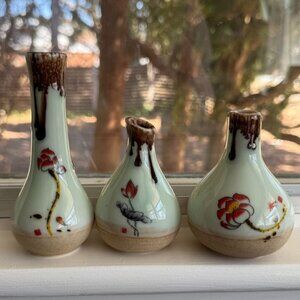 3 Vintage Asian Satsuma Vases Hand-Painted Ceramic Miniature Floral Neutrals